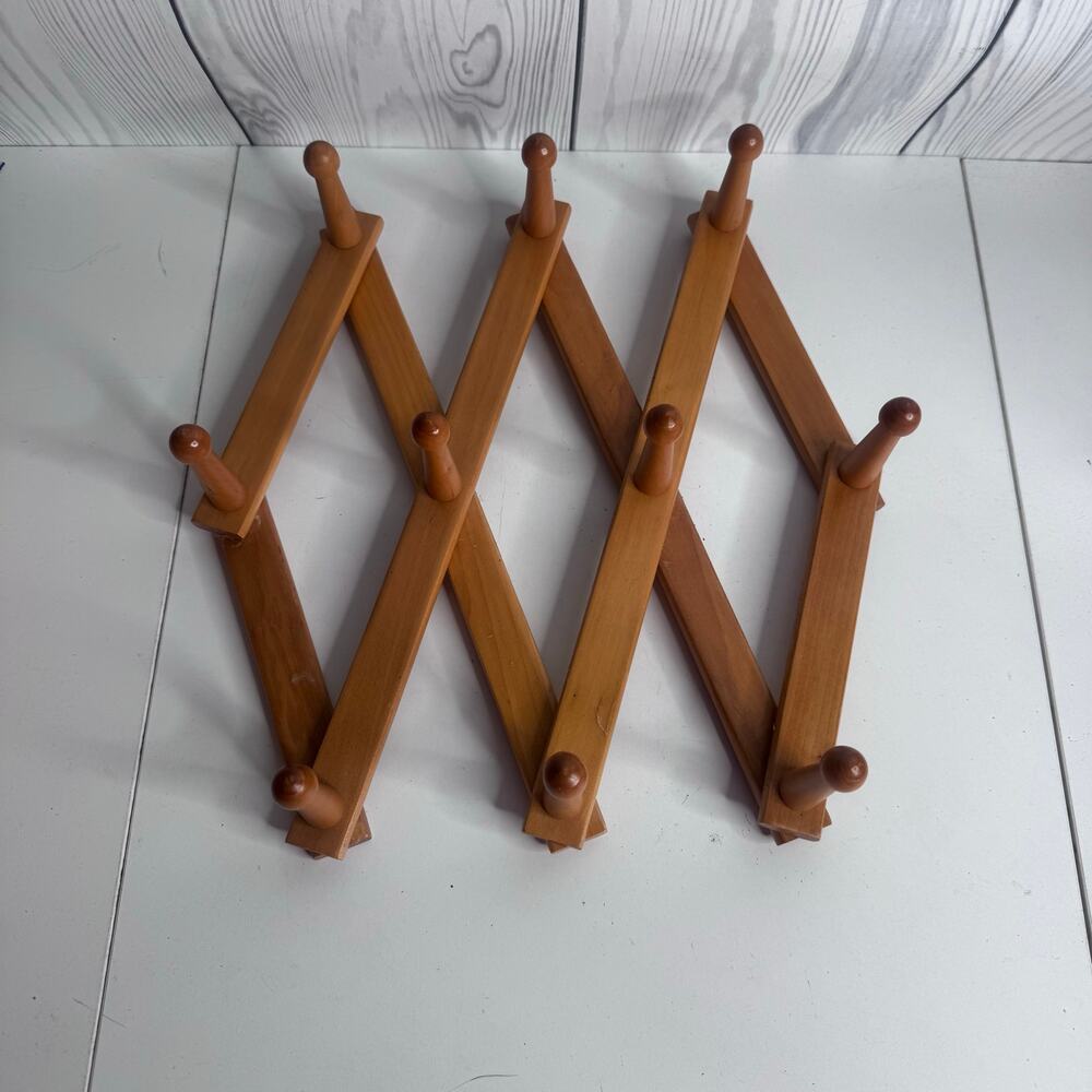 Vintage 10 Peg Wooden Hat Coat Rack Accordian Cottagecore